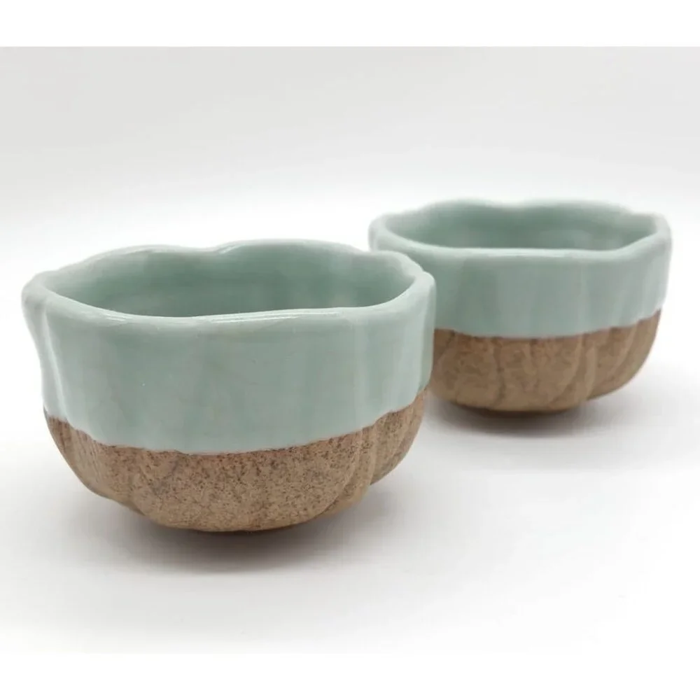 2 Small Celadon Flower Bloom Two-Tone Ceramic Bowls